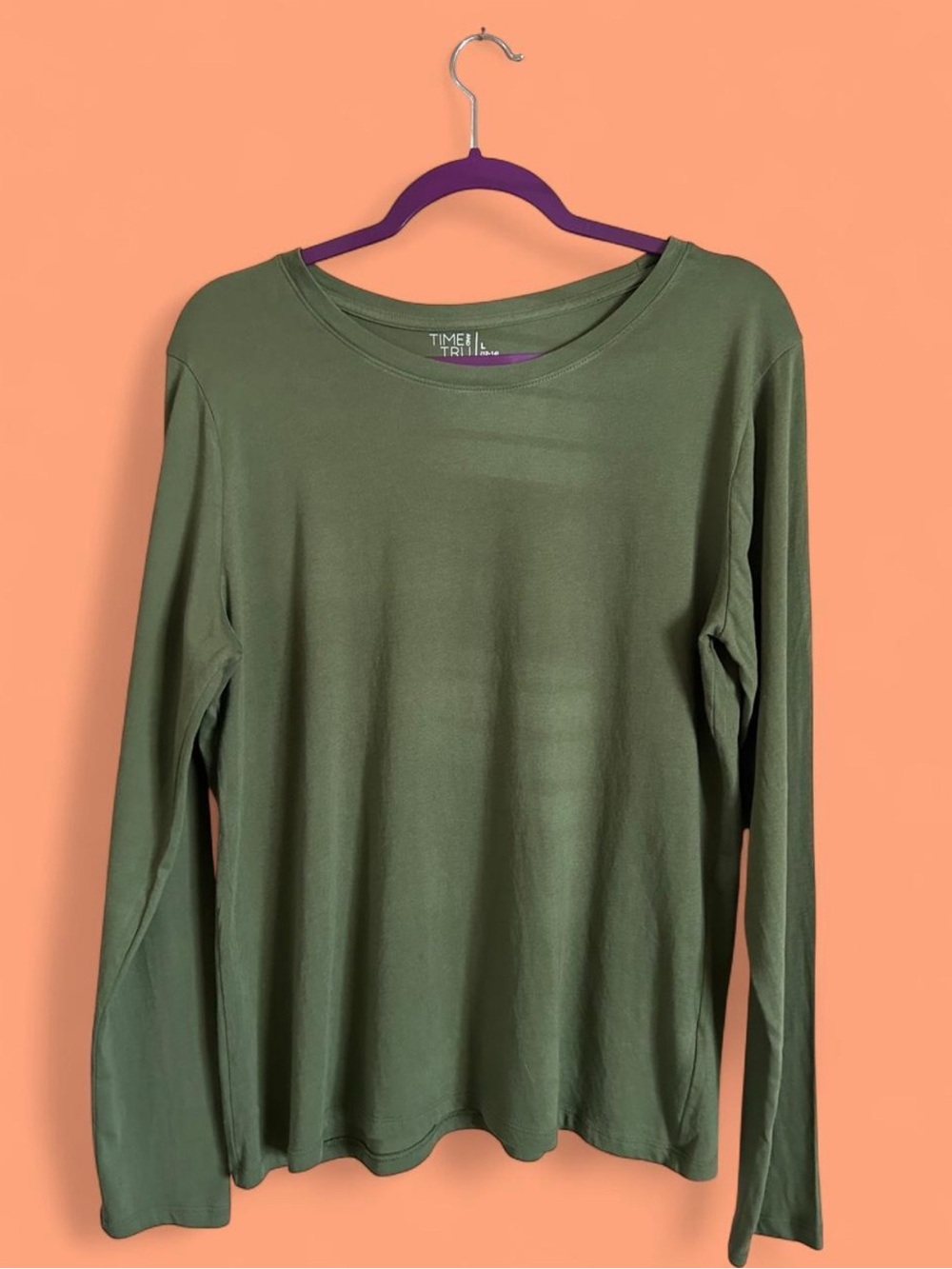 Time and Tru Olive Green & Rust Long Sleeve Crewneck Tops - Picture 3 of 8
